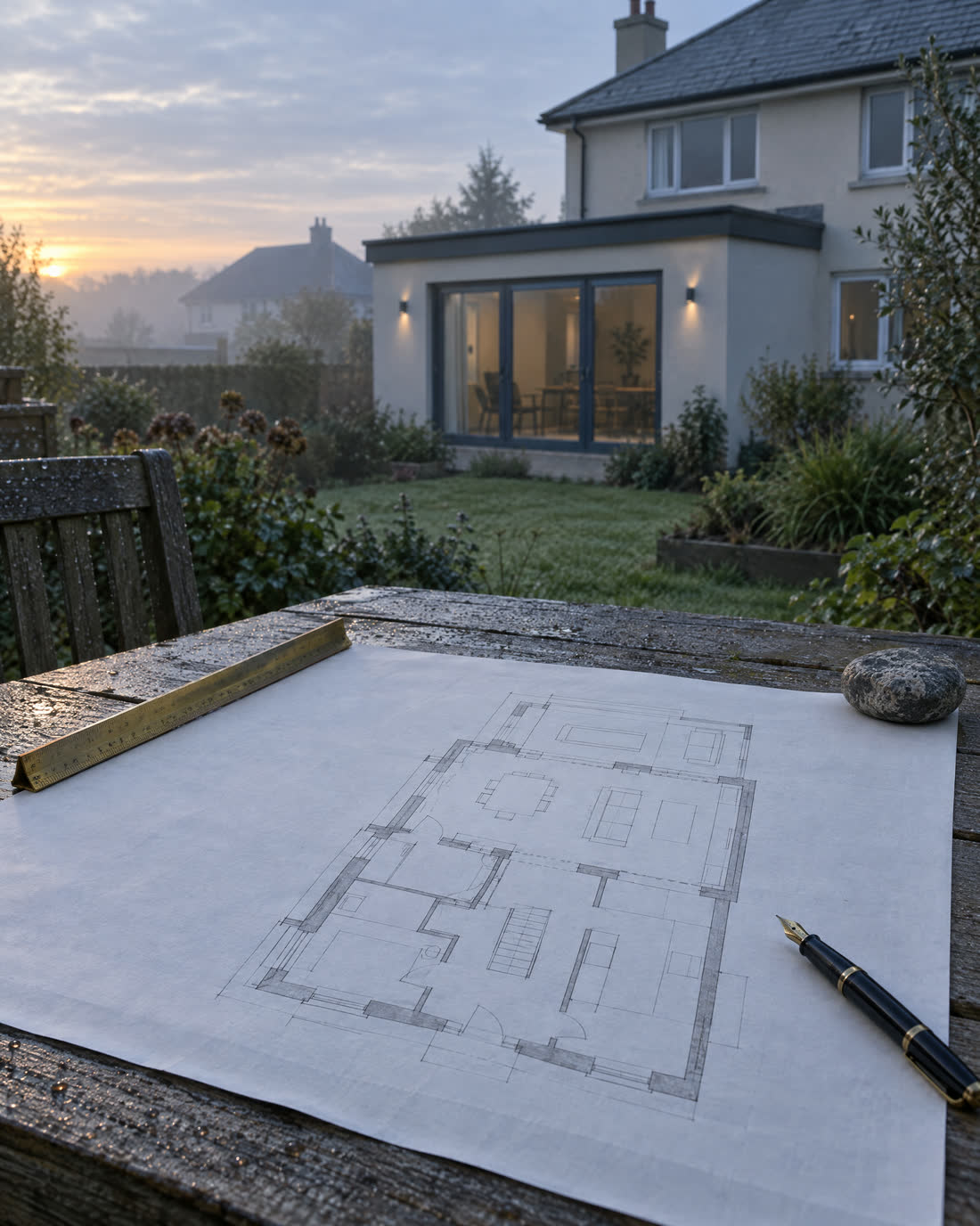 A floor plan drawing and brass scale rule on a garden table in front of a finished extension
