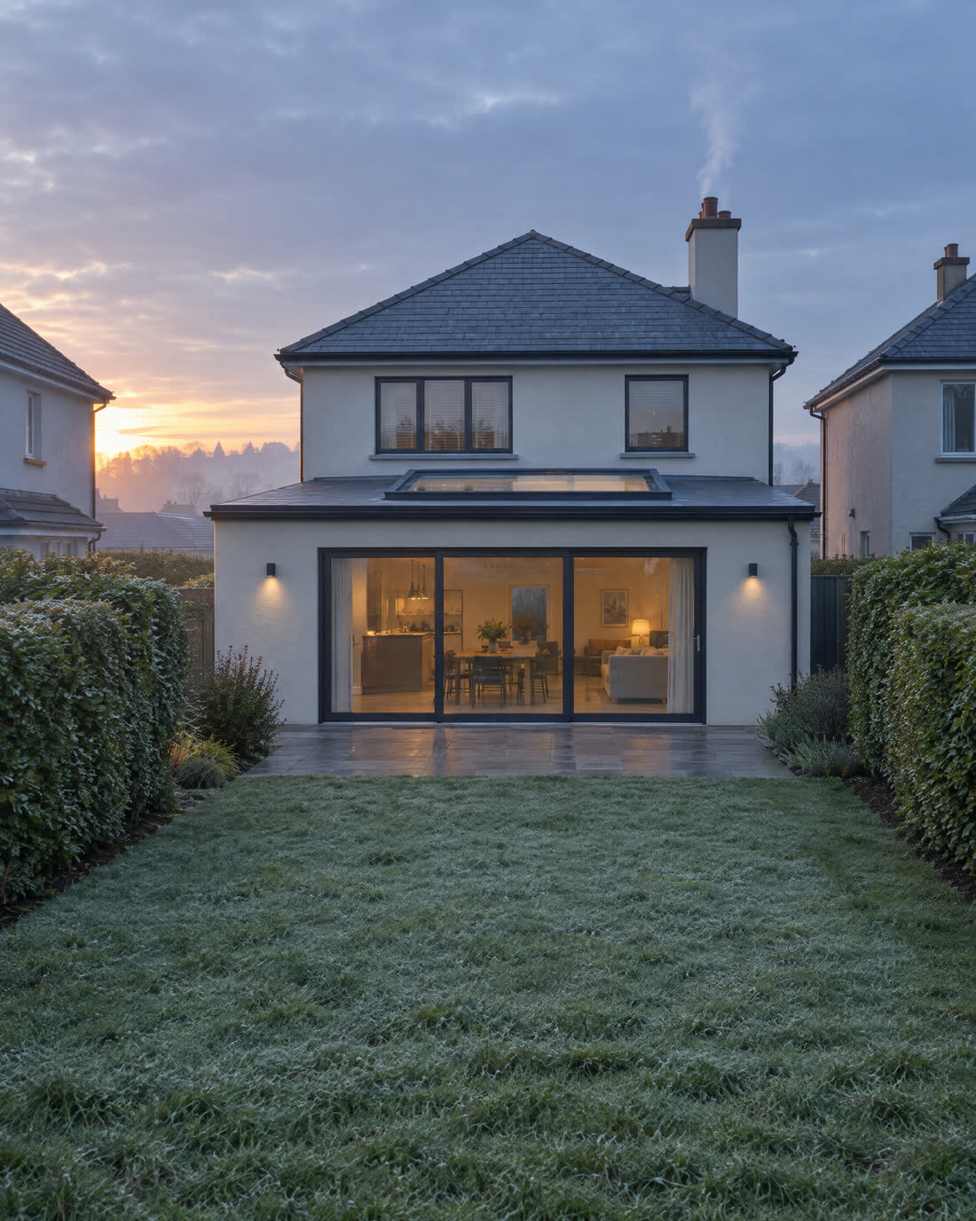 A newly finished rear extension with a rooflight and glazed doors on a Dublin house at dawn